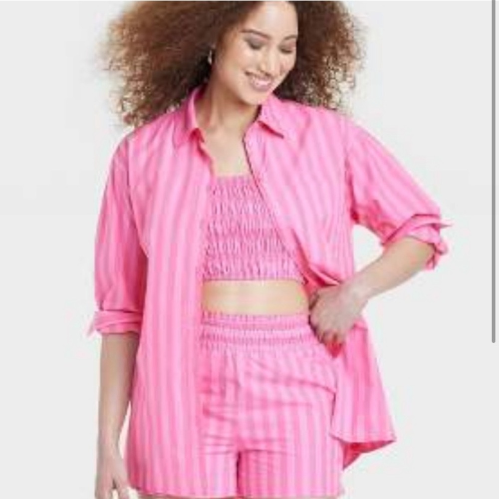 A New Day Pink Striped Button Down Shirt and Shorts Set